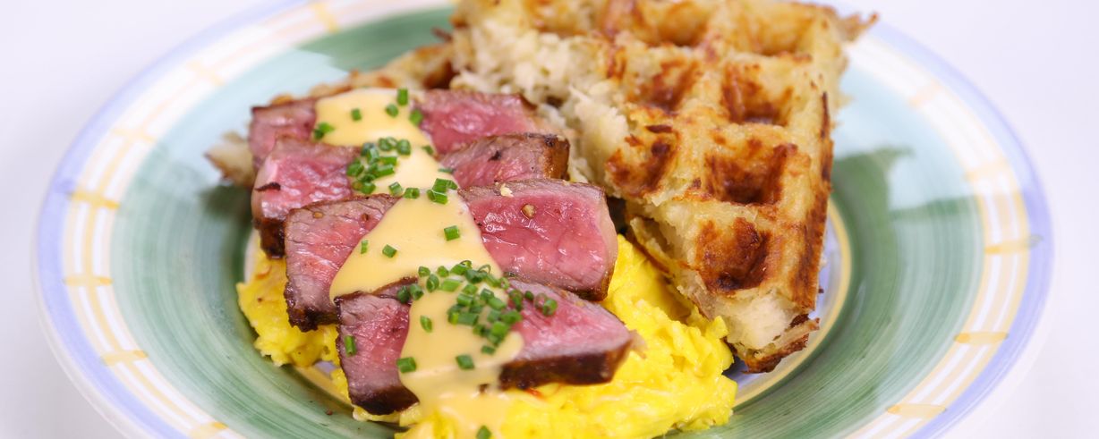 Steak And Eggs With Hash Brown Waffles Recipe The Chew 